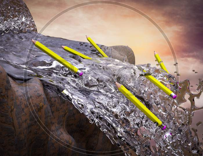 Yellow Pencils Fall From A Waterfall At Sunset Magenta Day Demonstrating School Failure Concept. 3D Illustration