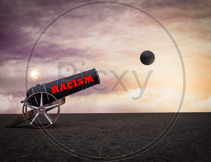 Cannon Of Racism Throws A Cannon Ball Demonstrating Racism Danger And Discrimination Risk Concept. 3D Illustration