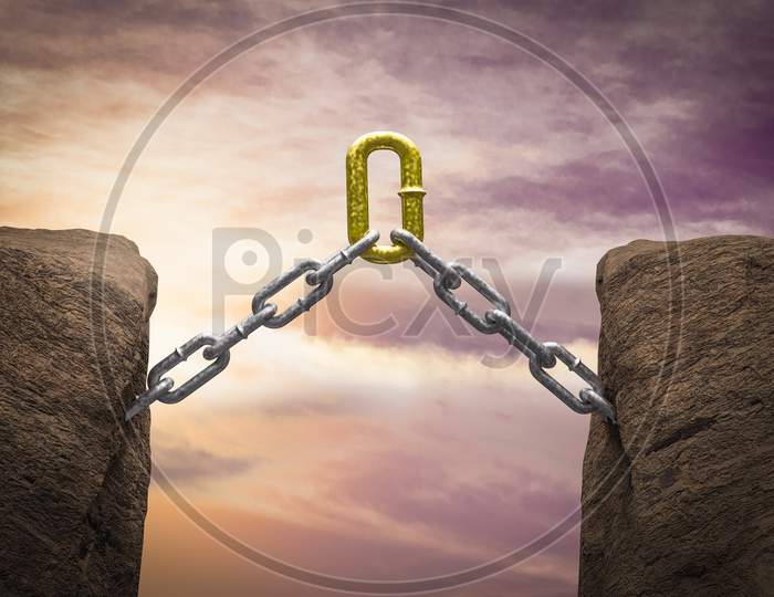 Chain With One Unique Golden Link Pulls Upwards At Sunset Magenta Day Demonstrating Competitive Advantage Corporate. 3D Illustration