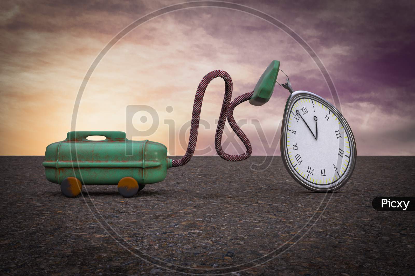 Vacuum Cleaner Sucking Pocket Watch At Sunset Magenta Day Demonstrating Losing Time Concept. 3D Illustration