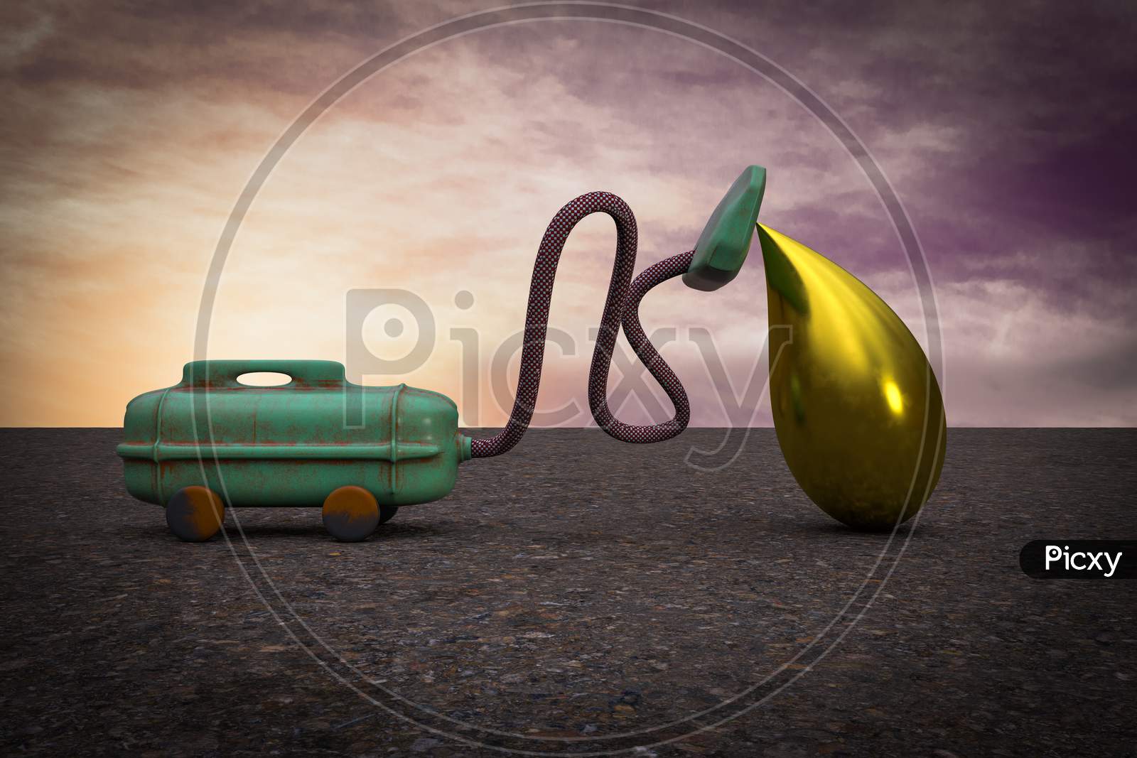 Vacuum Cleaner Sucking Golden Egg At Sunset Magenta Day Demonstrating Losing Retirement Concept. 3D Illustration