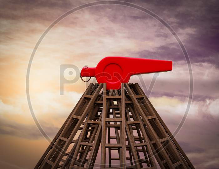 Whistle Is At The Top Of Many Stairs Demonstrating Person In Society Or A Company Exposing Corruption Concept. 3D Illustration