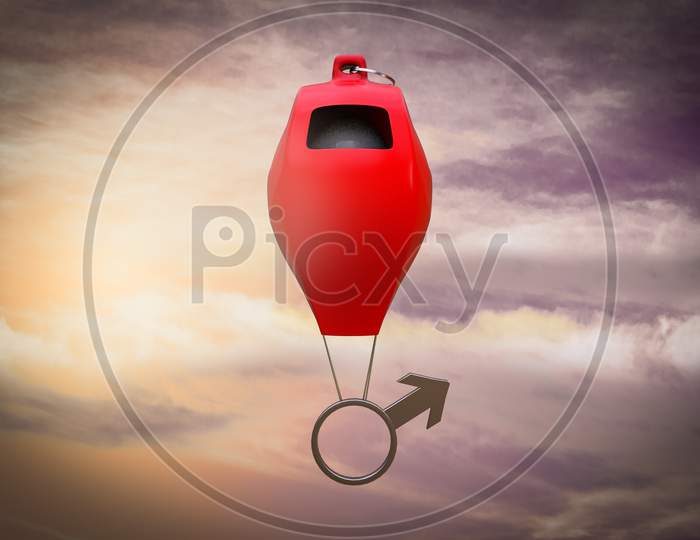 Balloon-Shaped Whistle Carries A Male Symbol Demonstrating Reporting Sexual Assault And Workplace Harassment Concept. 3D Illustration
