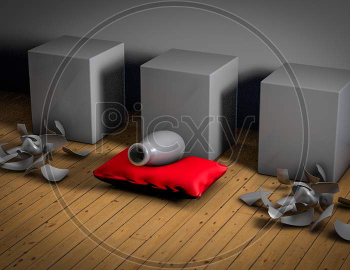 Vaze Falls On A Red Pillow Demonstrating Competitive Advantage Corporate Concept. 3D Illustration