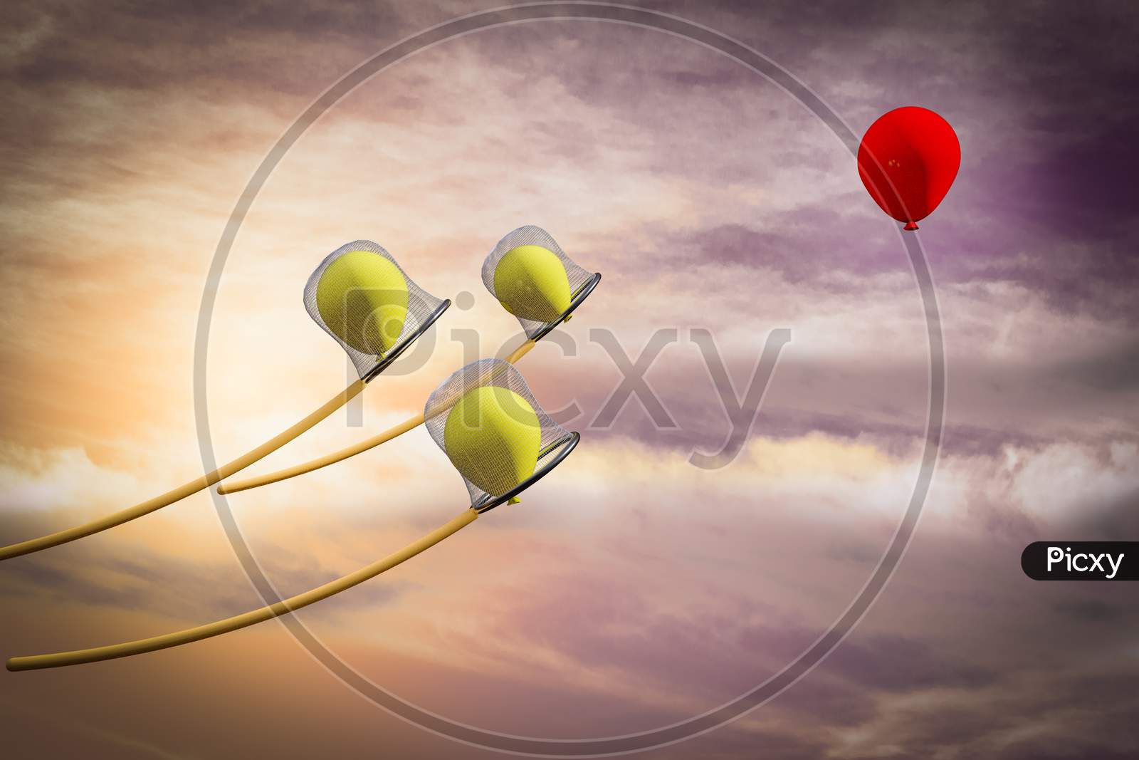 Red Balloon Escapes From The Nets Demonstrating Competitive Advantage Corporate Concept. 3D Illustration