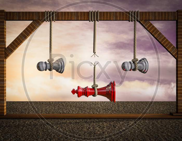 Chess King Is Hung From A Gallows As The Rope Is Cut Demonstrating Competitive Advantage Corporate. 3D Illustration