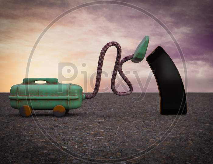 Vacuum Cleaner Sucking A Phone At Sunset Magenta Day Demonstrating Technology Phone Losing Concept. 3D Illustration
