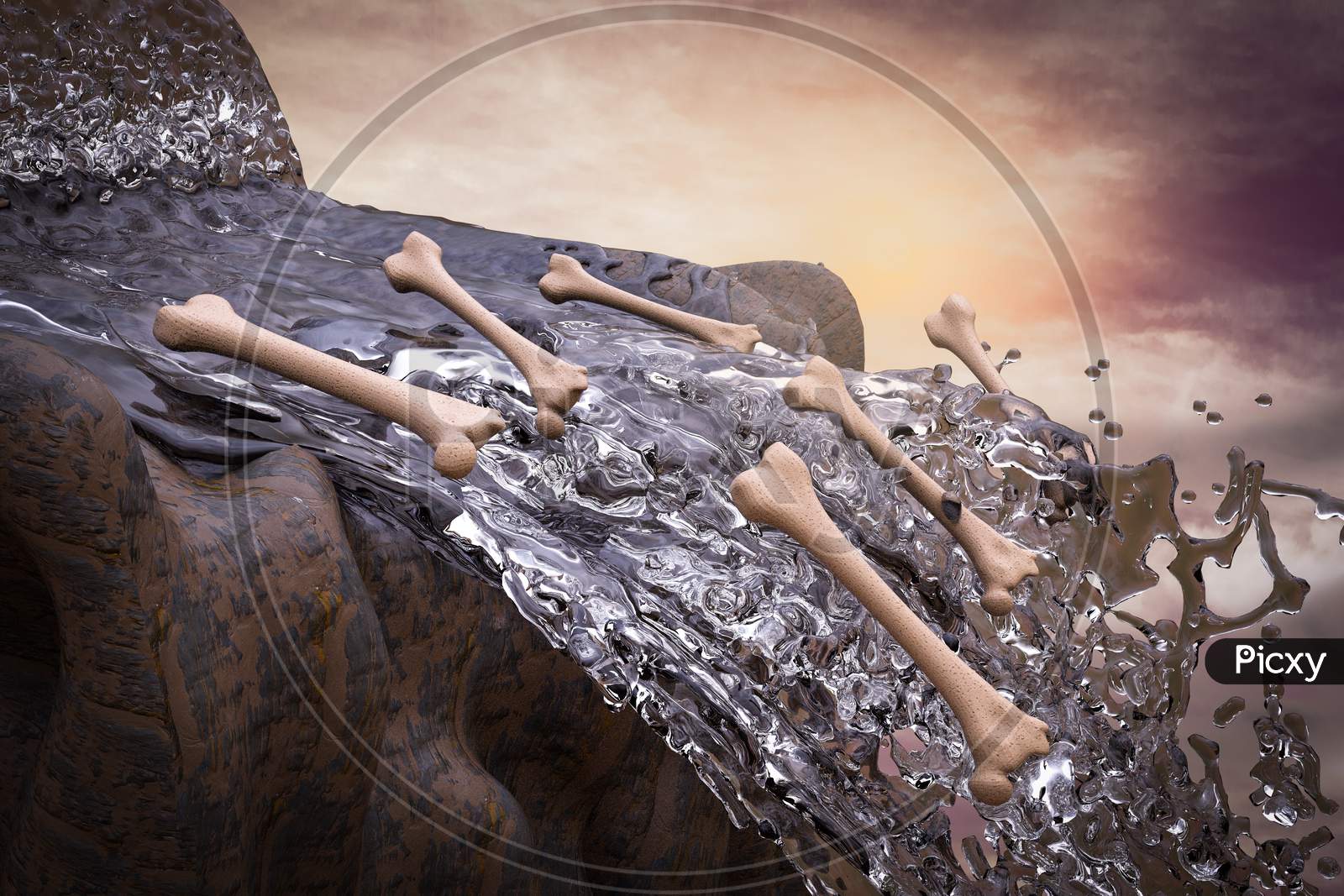Human Thigh Bones Fall From A Waterfall At Sunset Magenta Day Demonstrating Osteoporosis Failure Concept. 3D Illustration