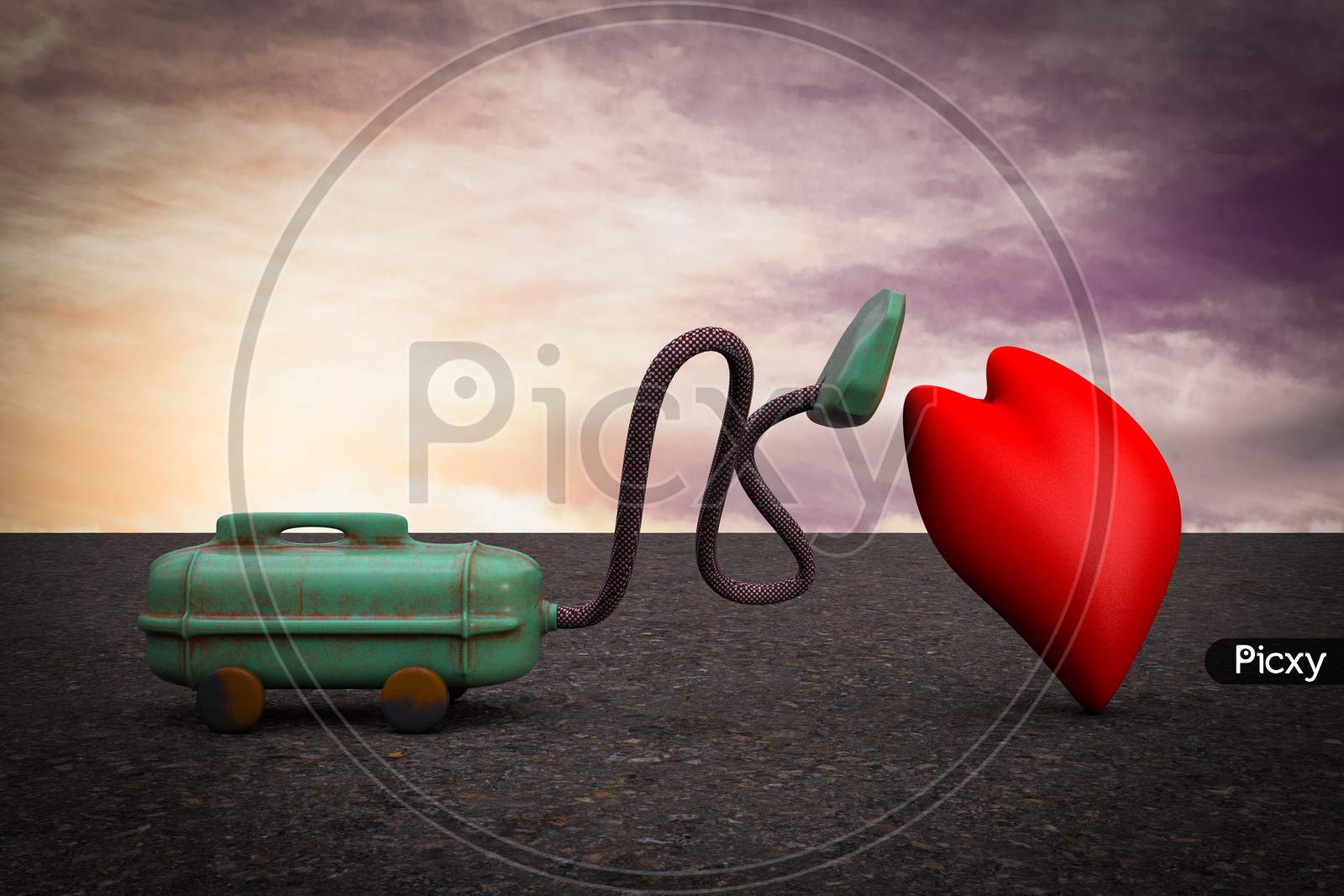 Vacuum Cleaner Sucking Red Heart At Sunset Magenta Day Demonstrating Losing Healthcare Concept. 3D Illustration