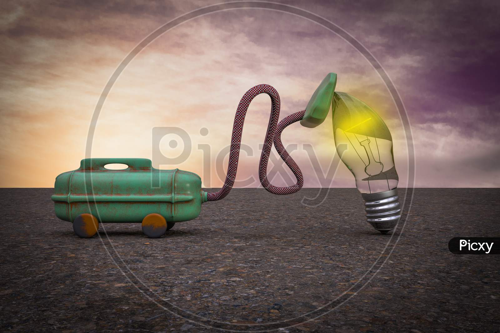 Vacuum Cleaner Sucking A Light Bulb At Sunset Magenta Day Demonstrating Losing A Good Idea Concept. 3D Illustration