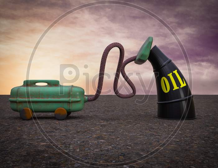 Vacuum Cleaner Sucking Black Metal Oil Barrel At Sunset Magenta Day Demonstrating Oil Price Losing Or Suck Concept. 3D Illustration