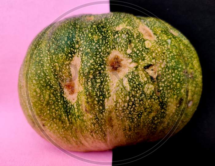 Green Color Outer Skin Of Small Pumpkin. Isolated On Pink And Black Background
