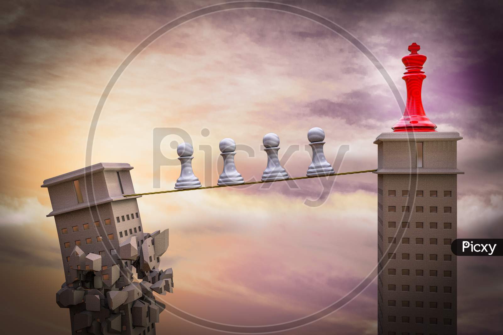 King Of Chess On A Skyscraper Demonstrating Competitive Advantage Corporate Concept. 3D Illustration