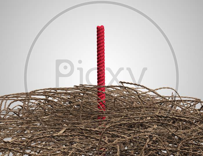 Red Rope Comes Out Tangled Rope Demonstrating Competitive Advantage Corporate Concept. 3D Illustration