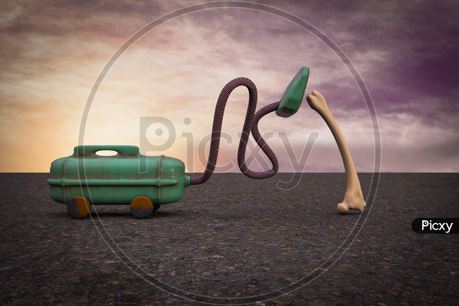 Vacuum Cleaner Sucking Human Thigh Bone At Sunset Magenta Day Demonstrating Losing Osteoporosis Concept. 3D Illustration