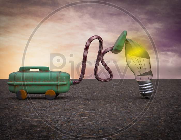 Vacuum Cleaner Sucking A Light Bulb At Sunset Magenta Day Demonstrating Losing A Good Idea Concept. 3D Illustration