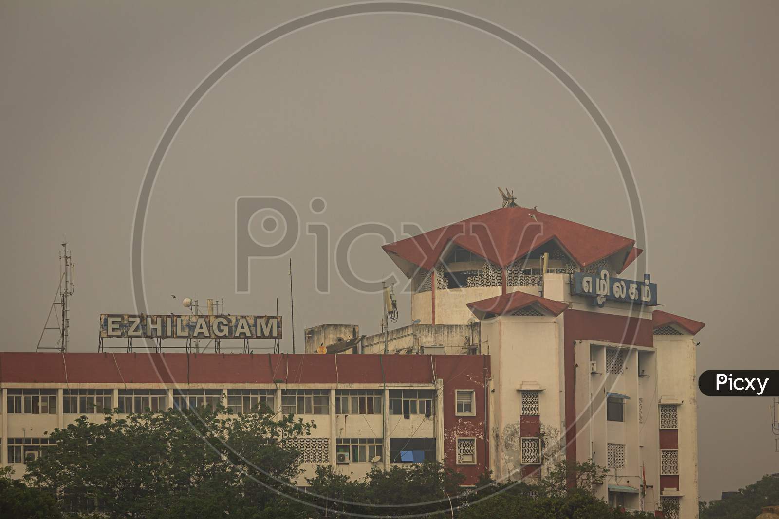 Chennai, Tamil Nadu, India - January 13 2021: View Of The Ezhilagam (In English Means Beauty Place) Building Which Houses Most Of The Tamil Nadu Government Offices Along The Marina Beach