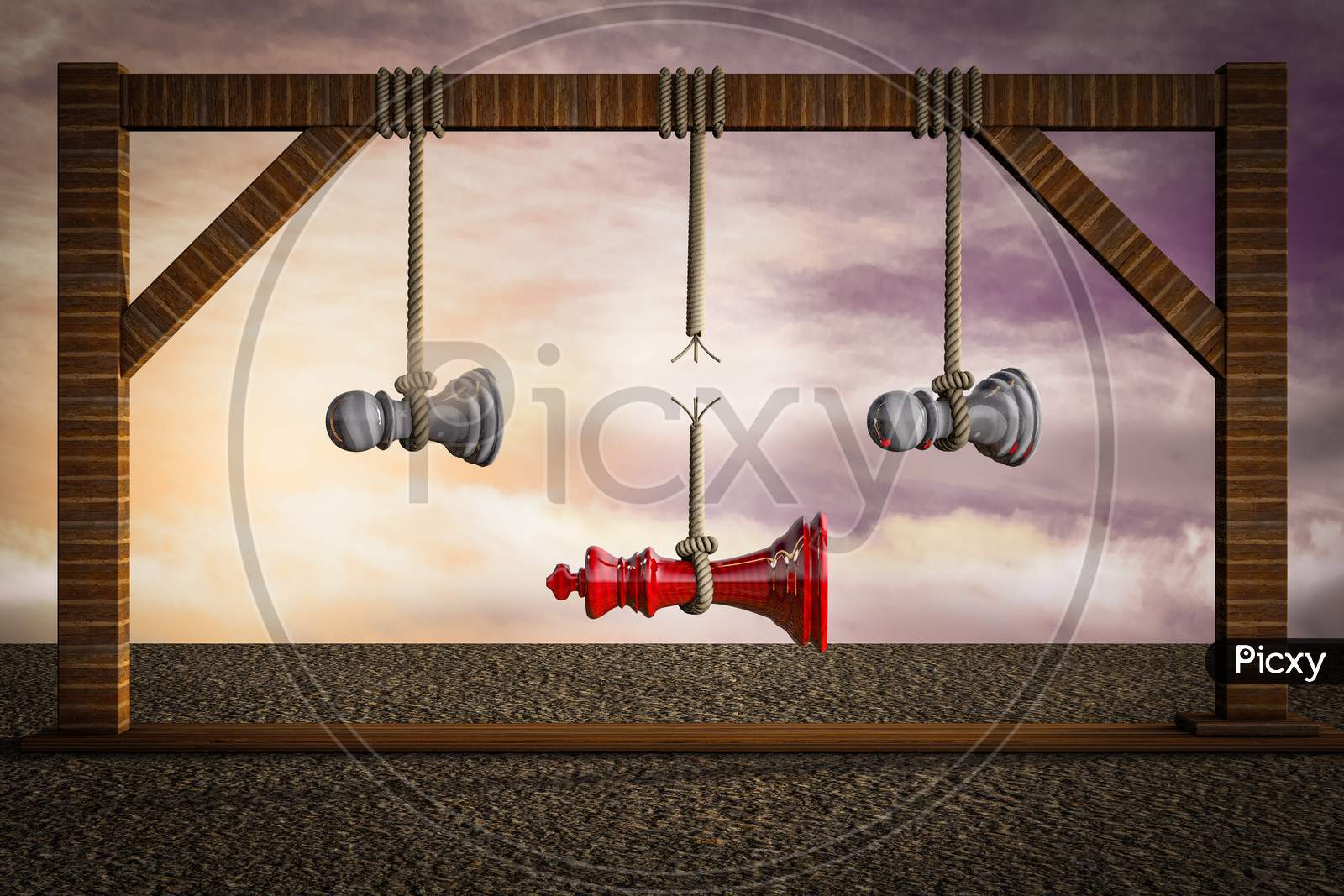 Chess King Is Hung From A Gallows As The Rope Is Cut Demonstrating Competitive Advantage Corporate. 3D Illustration