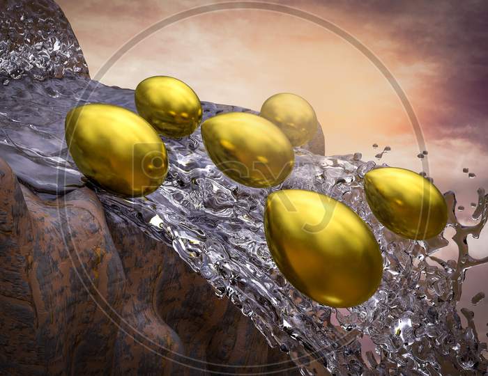 Golden Eggs Fall From A Waterfall At Sunset Magenta Day Demonstrating Retirement Failure Concept. 3D Illustration