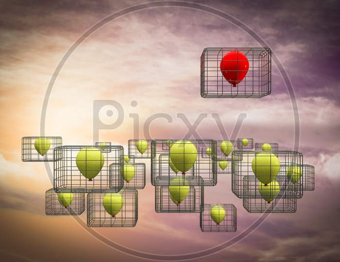 Flying Red Balloon In Cage At Sunset Day Demonstrating Competitive Advantage Corporate Concept. 3D Illustration