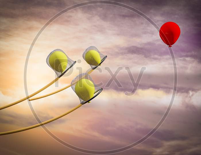 Red Balloon Escapes From The Nets Demonstrating Competitive Advantage Corporate Concept. 3D Illustration