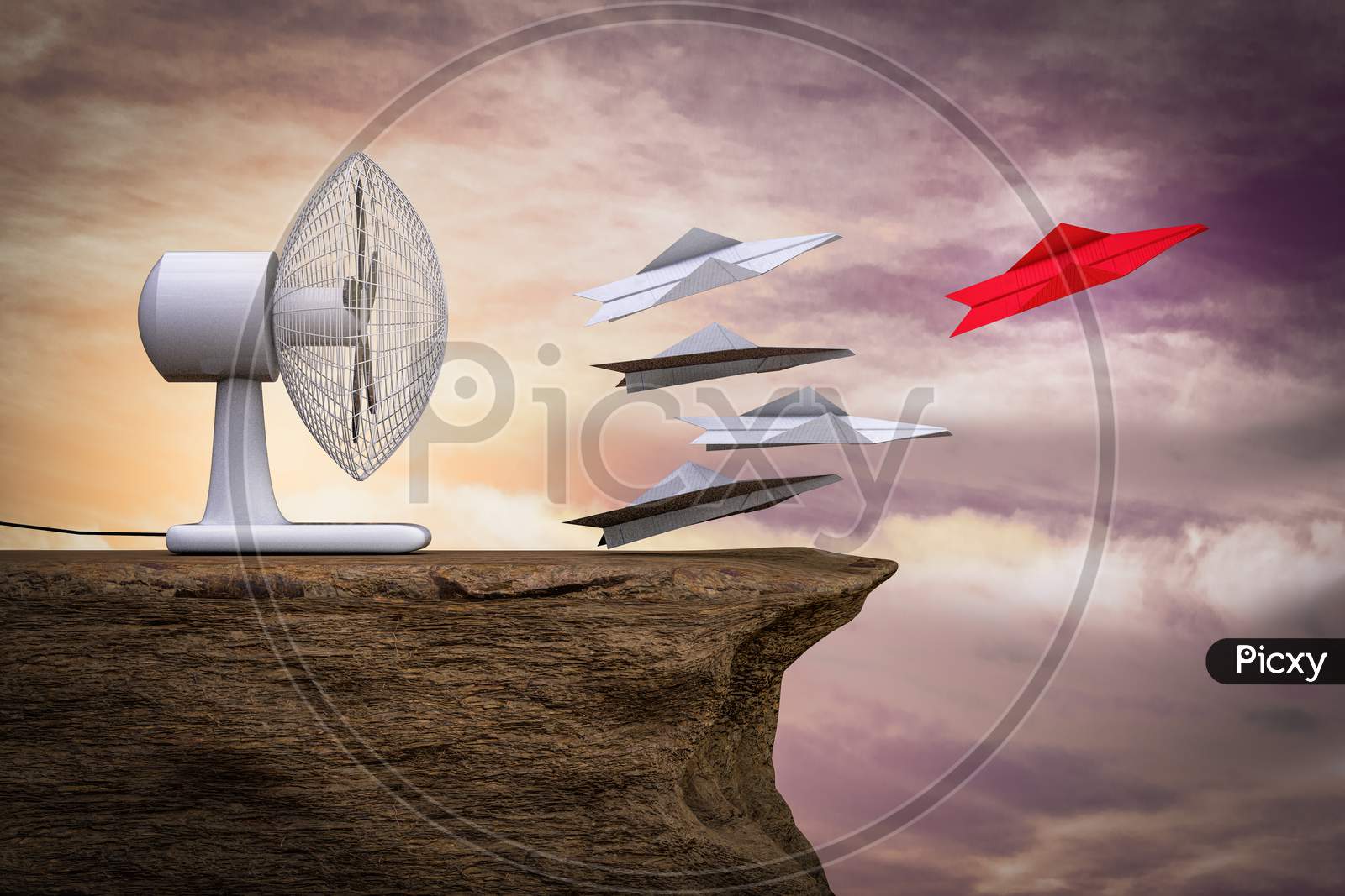 Fan Blows A Red Paper Airplane On Cliff Demonstrating Competitive Advantage Corporate Concept. 3D Illustration