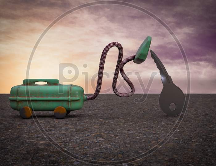 Vacuum Cleaner Sucking Metal Key At Sunset Magenta Day Demonstrating Losing Real Estate Concept. 3D Illustration