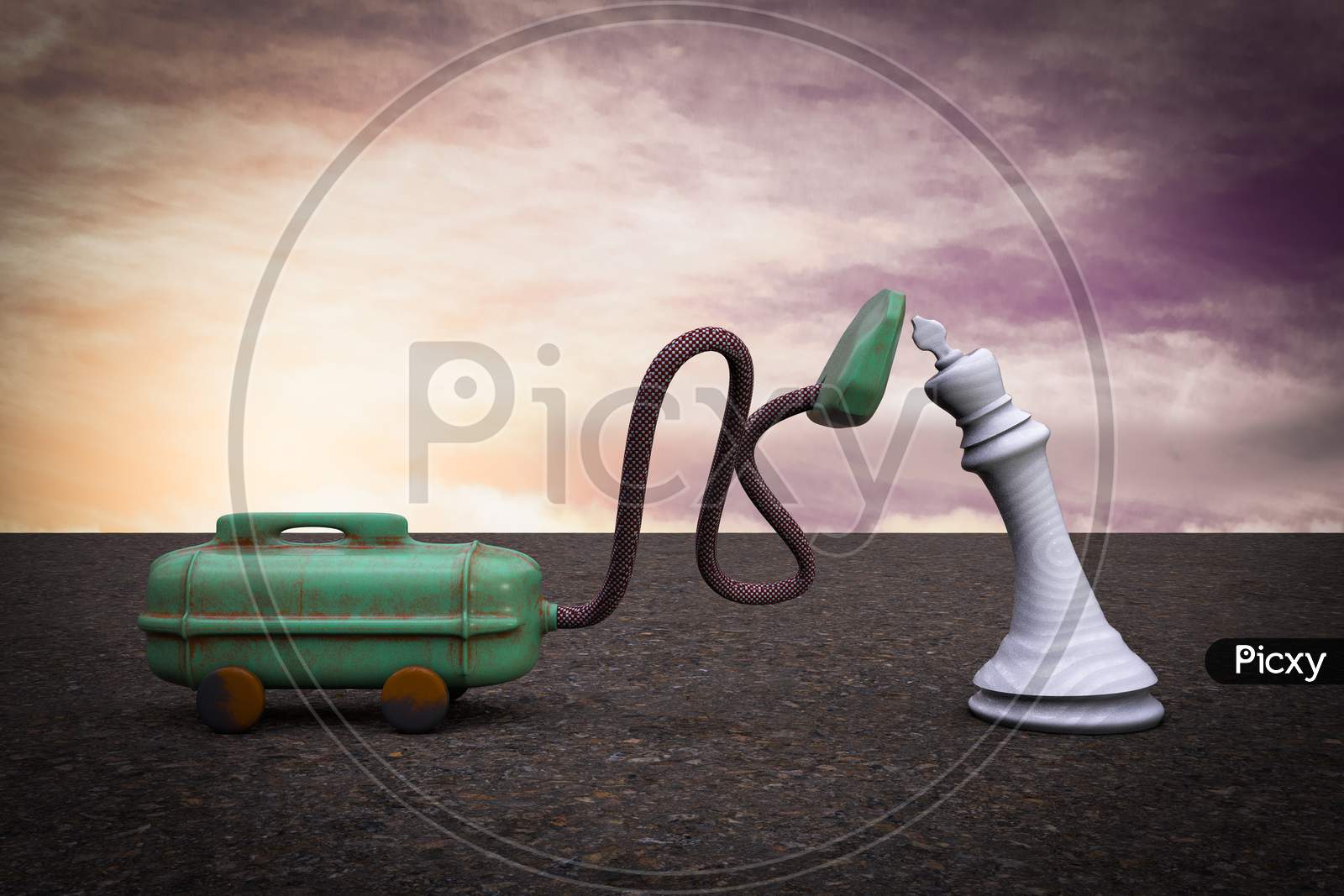 Vacuum Cleaner Sucking Chess King At Sunset Magenta Day Demonstrating Losing Leadership Concept. 3D Illustration