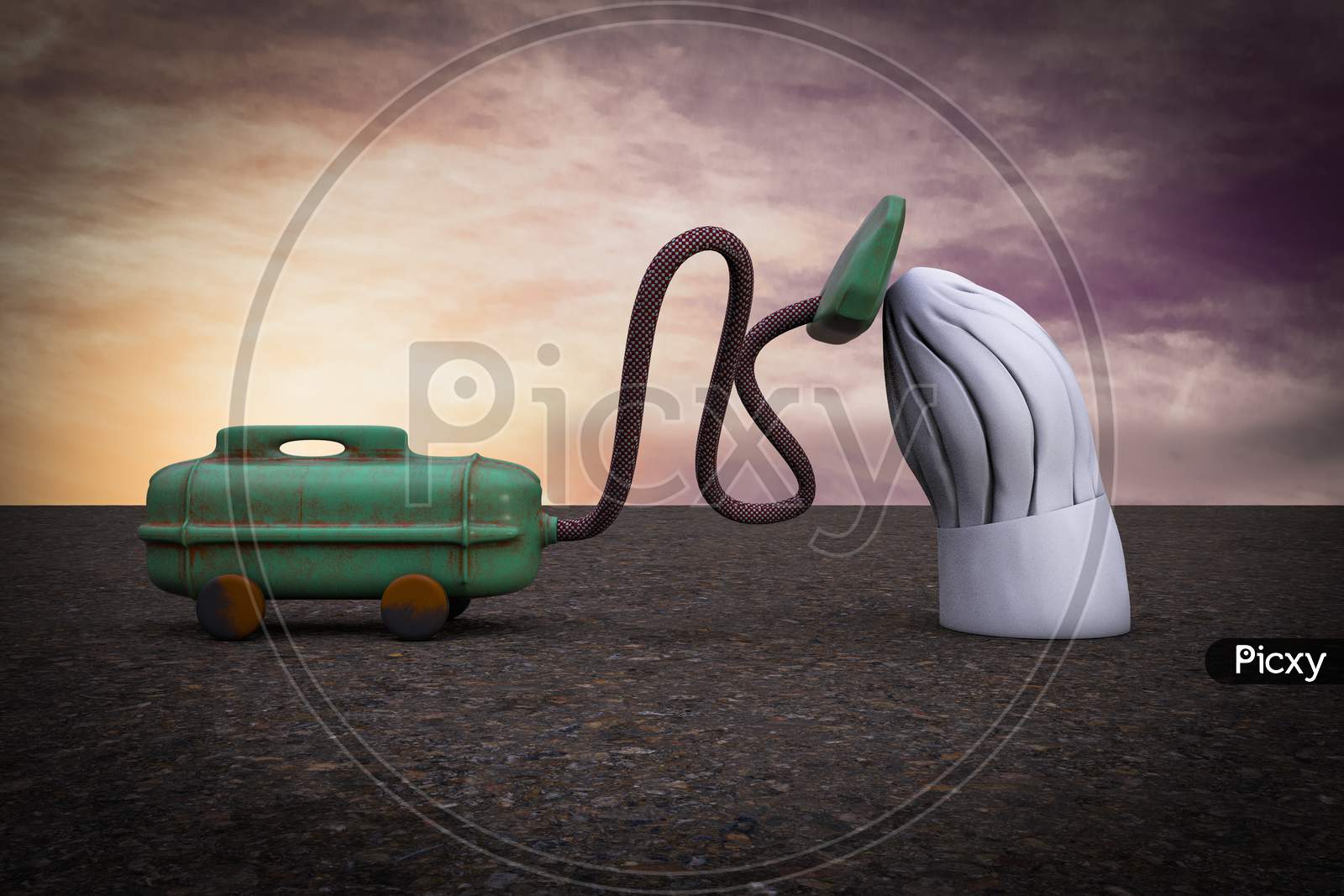 Vacuum Cleaner Sucking Chef Hat At Sunset Magenta Day Demonstrating Cooking Idea Losing Concept. 3D Illustration