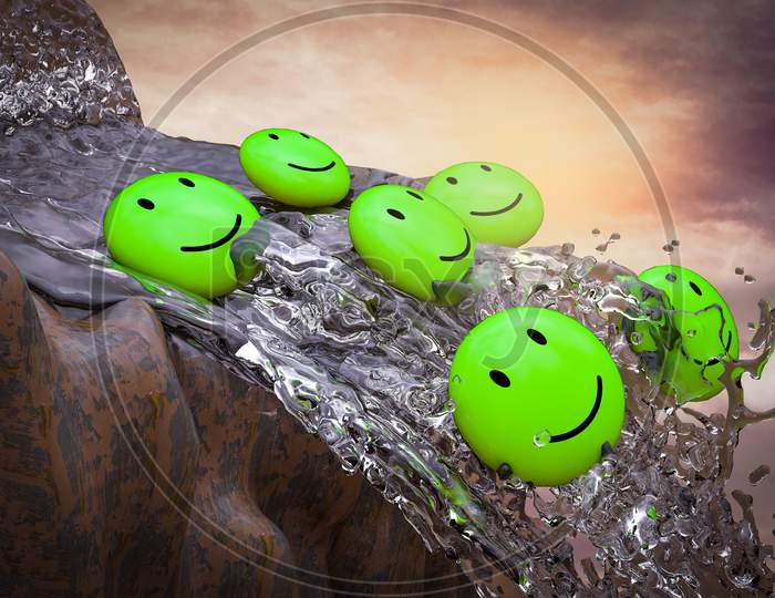 Green Emojis Fall From A Waterfall At Sunset Magenta Day Demonstrating Customer Satisfaction Rating Failure Concept. 3D Illustration