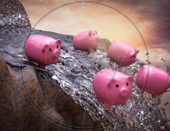 Ceramic Pigs Fall From A Waterfall At Sunset Magenta Day Demonstrating Saving Money Failure Concept. 3D Illustration