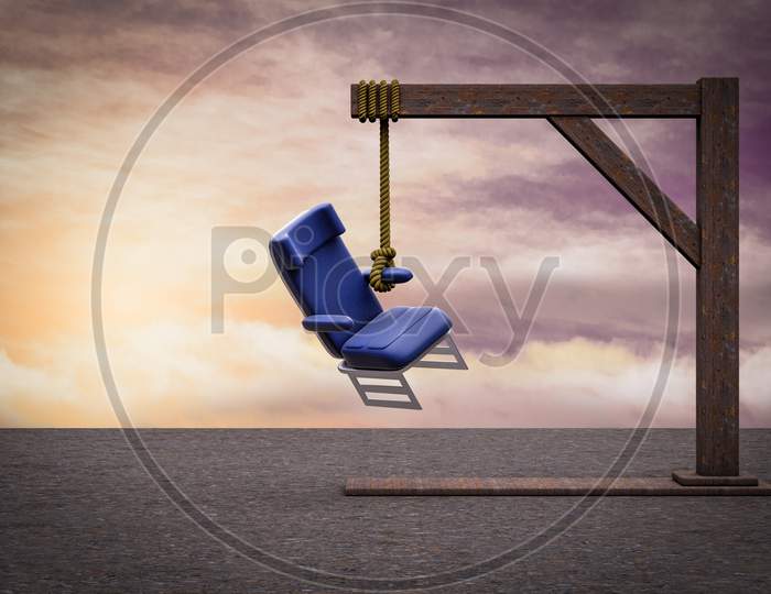 Airplane Chair Hangs From A Gallows Demonstrating Fight Or Flight Anxiety And Terrified Suicide Concept. 3D Illustration