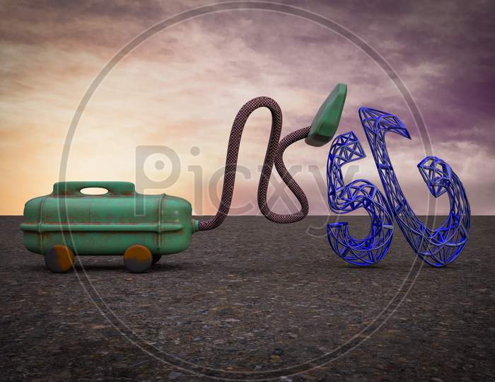 Vacuum Cleaner Sucking Letter 5G At Sunset Magenta Day Demonstrating Losing Signal Concept. 3D Illustration