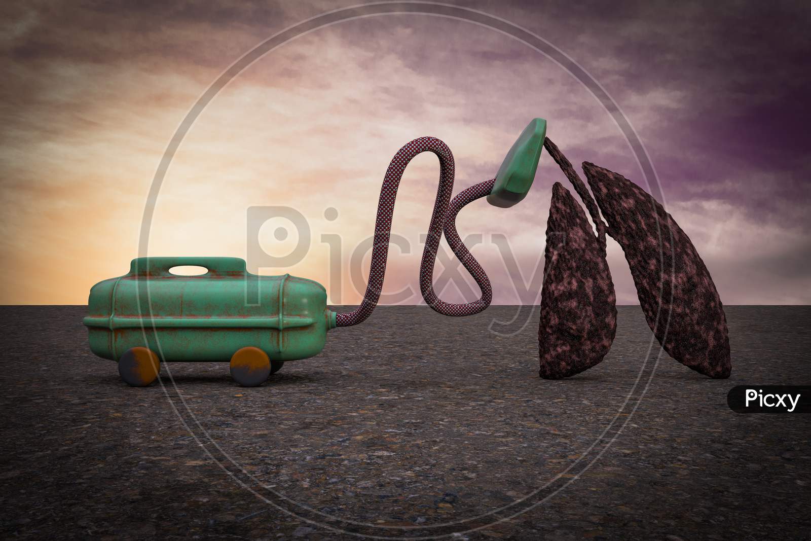 Vacuum Cleaner Sucking Disease Lung At Sunset Magenta Day Demonstrating Losing Your Health Concept. 3D Illustration