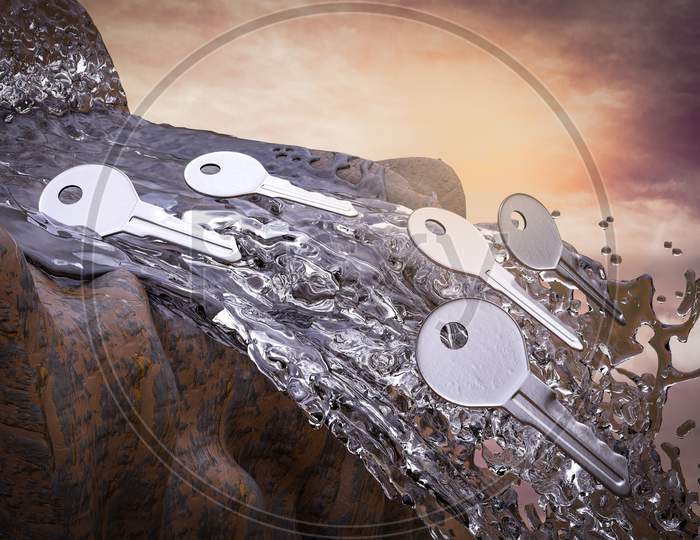 Metal Key Fall From A Waterfall At Sunset Magenta Day Demonstrating Real Estate Failure Concept. 3D Illustration