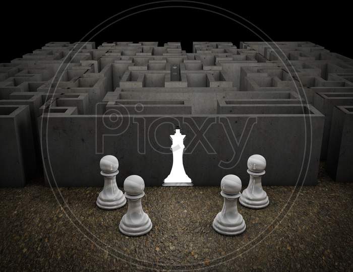 King Of Chess Enters A Maze Demonstrating Competitive Advantage Corporate Or Leadership Concept. 3D Illustration
