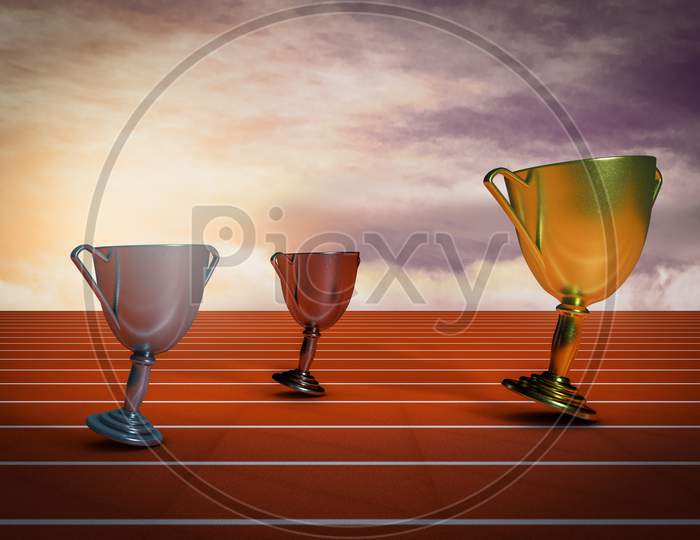 Golden Trophy Running Faster From Others Trophies At Sunset Day Demonstrating Business Competition Leader Strategy Concept. 3D Illustration