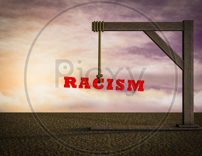 Letters Of Racism Hang From A Gallows Demonstrating Racism Danger And Discrimination Risk Concept. 3D Illustration