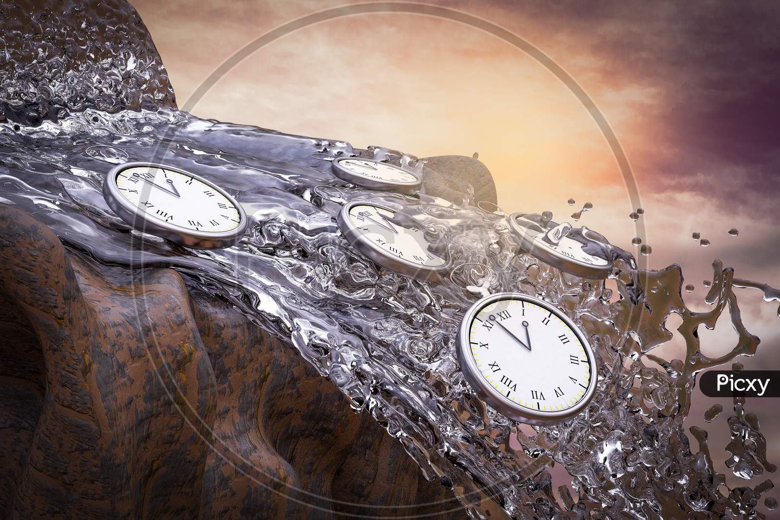 Pocket Watch Fall From A Waterfall At Sunset Magenta Day Demonstrating Time Limit Concept. 3D Illustration