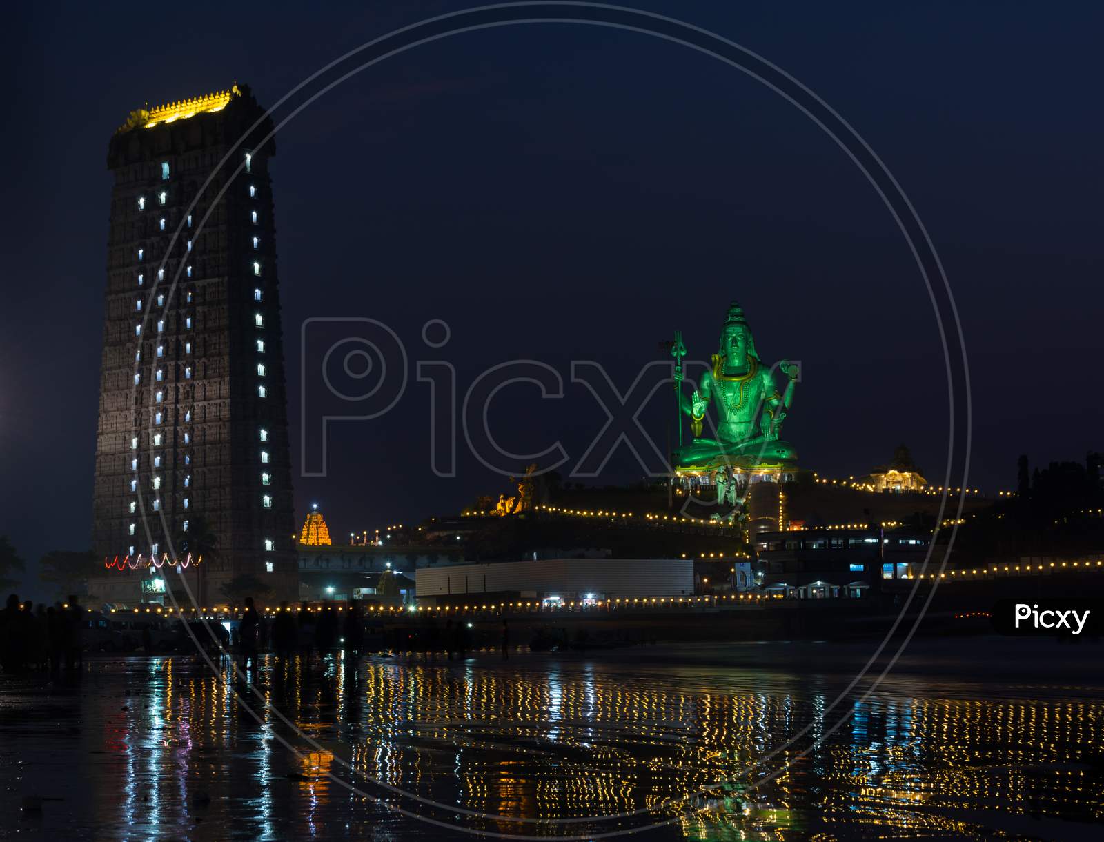 Night View Of Murdeshwar Or Murudeshwara Temple And Lord Shiva Statue From Murdeshwar Beach In Karnataka, India