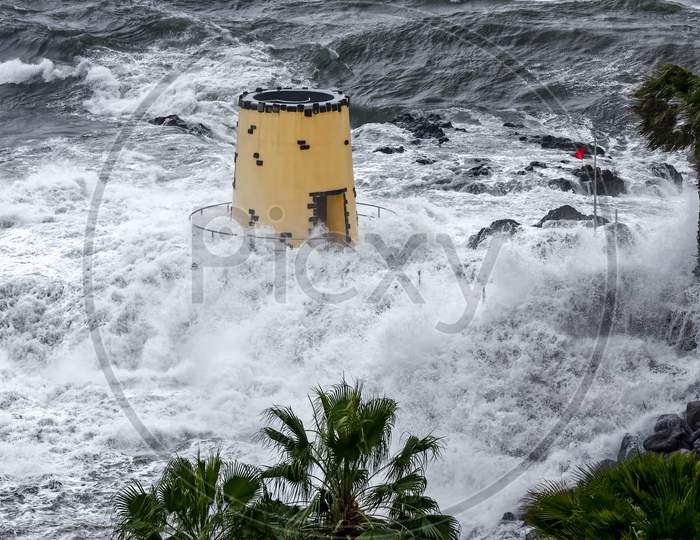 Funchal, Madeira/Portugal - April 9 : Tropical Storm Hitting The Lookout Tower In The Grounds Of The Savoy Hotel Funchal Madeira On April 9, 2008
