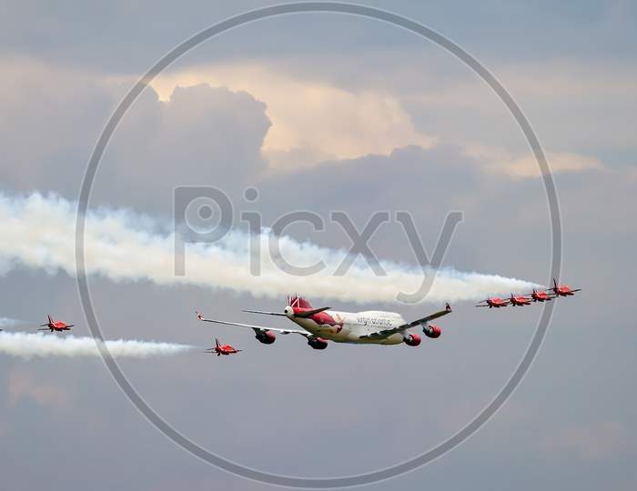 Virgin Atlantic Boeing 747-400 And Red Arrows Aerial Display At Biggin Hill Airshow
