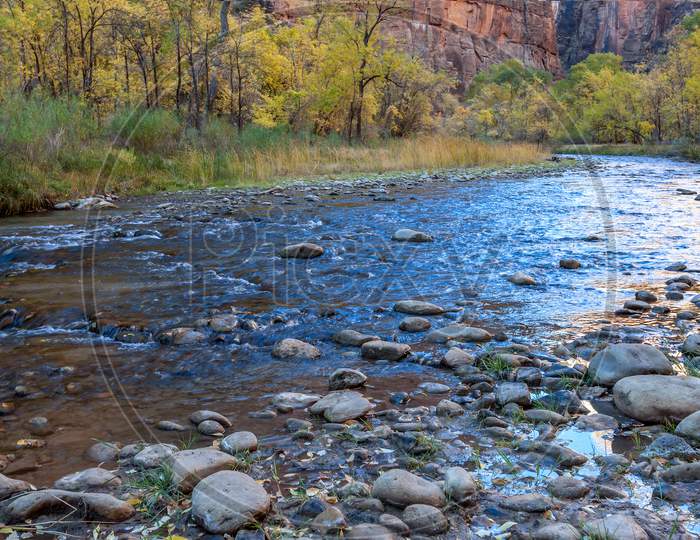 The Virgin River Lazily Winds It'S Way Through Zion National Park