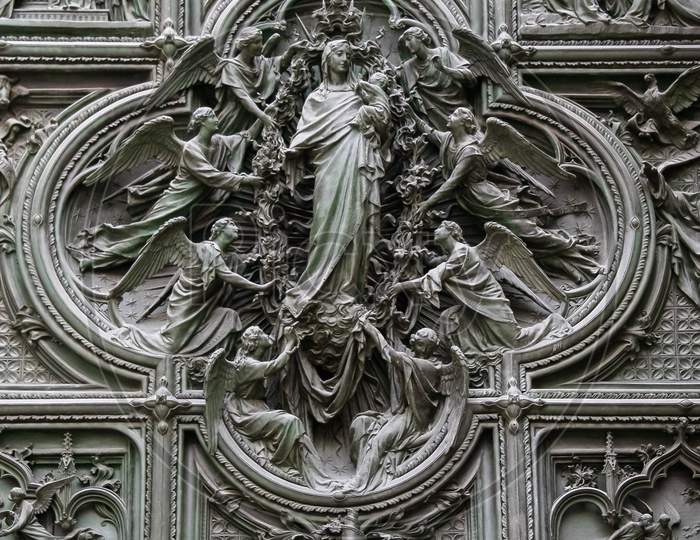 Milan, Italy/Europe - February 23 : Detail Of The Main Door At The Duomo Cathedral In Milan Italy On February 23, 2008