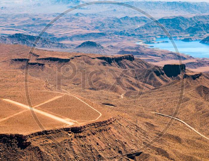 Aerial View Of An Airstrip Next To Lake Mead