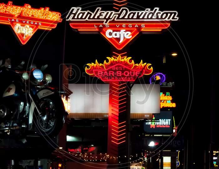 Harley Davidson Cafe At Nnght In Las Vegas