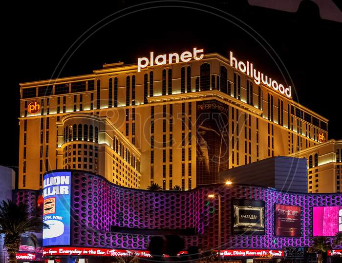 Night Scene Along The Strip Towards Planet Hollywood In Las Vegas