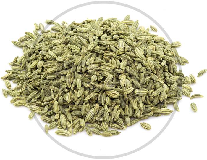 Heap Of Fennel Seeds Against White Background