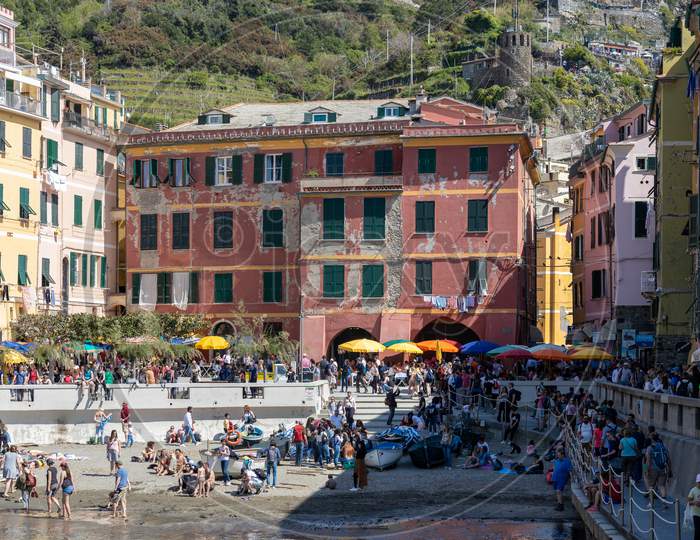 Vernazza, Liguria/Italy  - April 20 : Coastal View Of Vernazza Liguria Italy On April 20, 2019. Unidentified People
