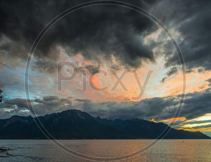 Sunset Over Lake Geneva At Montreux